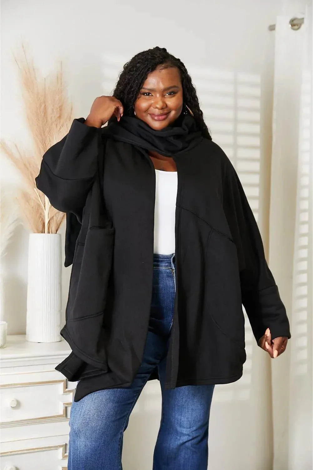 HEYSON Full Size Open Front Cardigan with Scarf Design - Bona Fide Fashion