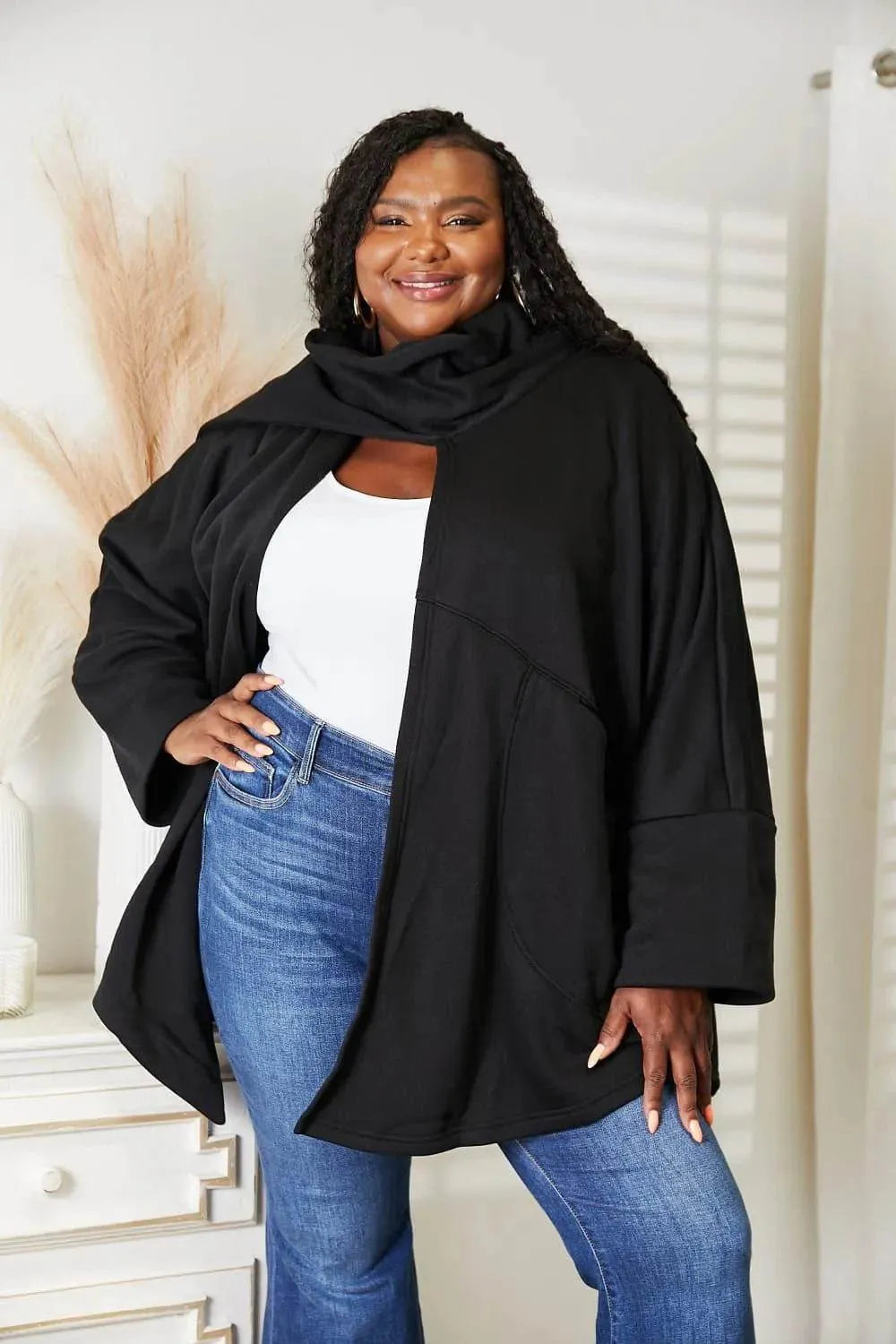 HEYSON Full Size Open Front Cardigan with Scarf Design - Bona Fide Fashion
