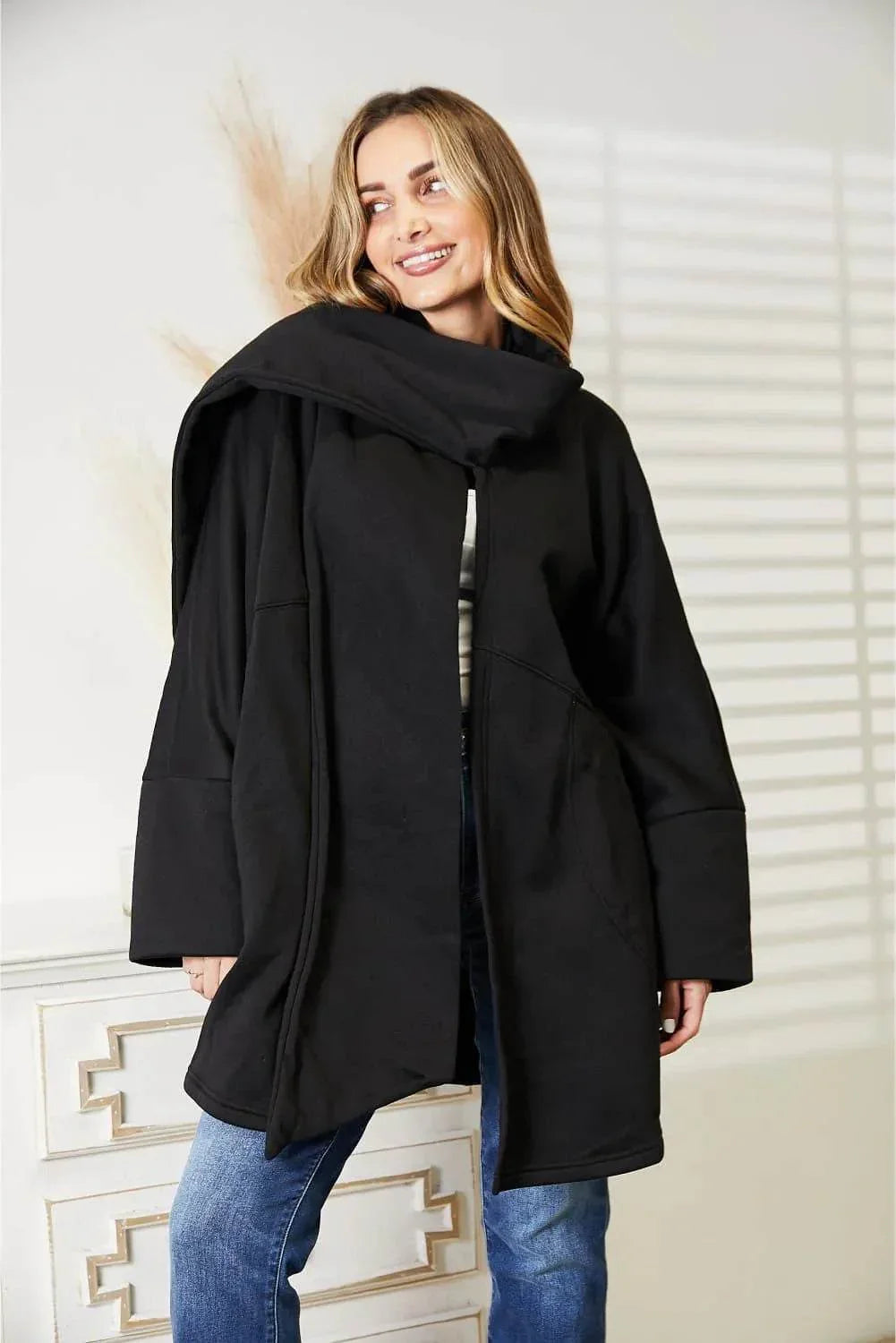 HEYSON Full Size Open Front Cardigan with Scarf Design - Bona Fide Fashion