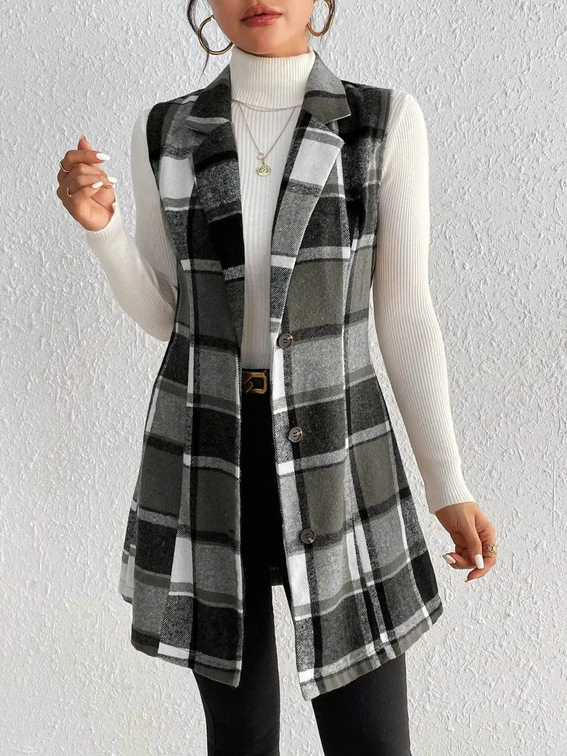 Honey Plaid Button Up Vest Coat - Bona Fide Fashion