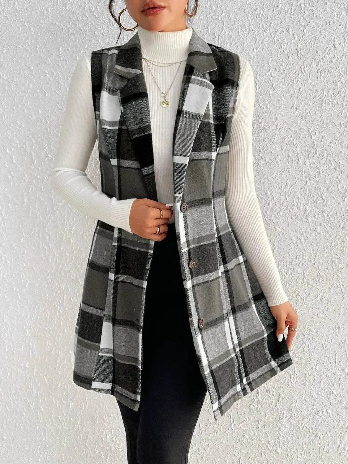 Honey Plaid Button Up Vest Coat - Bona Fide Fashion