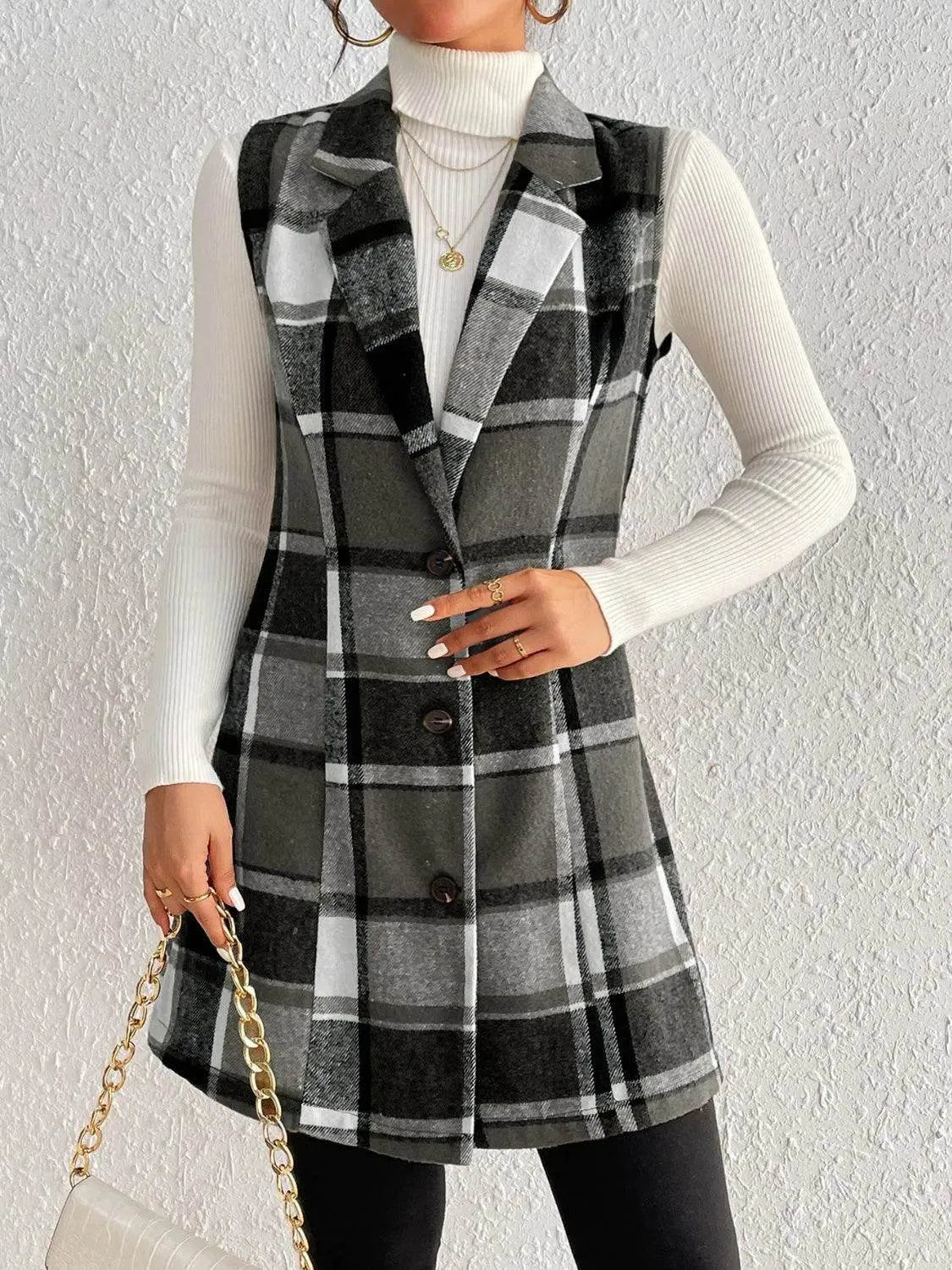 Honey Plaid Button Up Vest Coat - Bona Fide Fashion