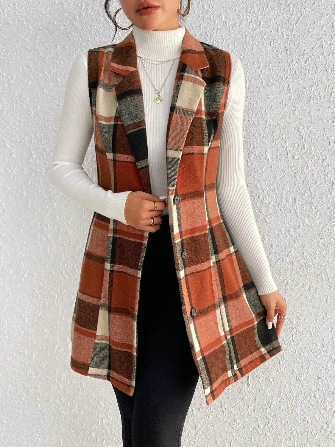 Honey Plaid Button Up Vest Coat - Bona Fide Fashion
