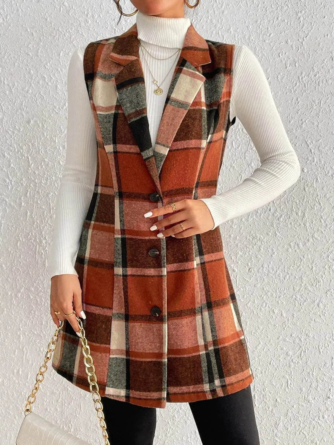 Honey Plaid Button Up Vest Coat - Bona Fide Fashion