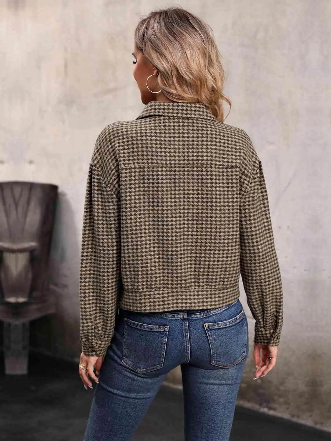 Houndstooth Collared Neck Button Up Jacket - Bona Fide Fashion