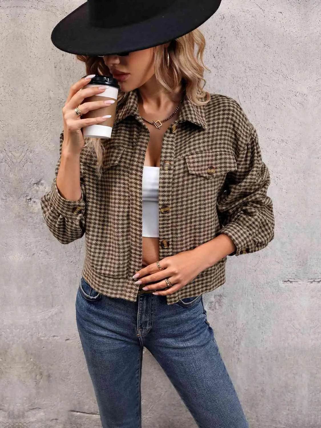 Houndstooth Collared Neck Button Up Jacket - Bona Fide Fashion