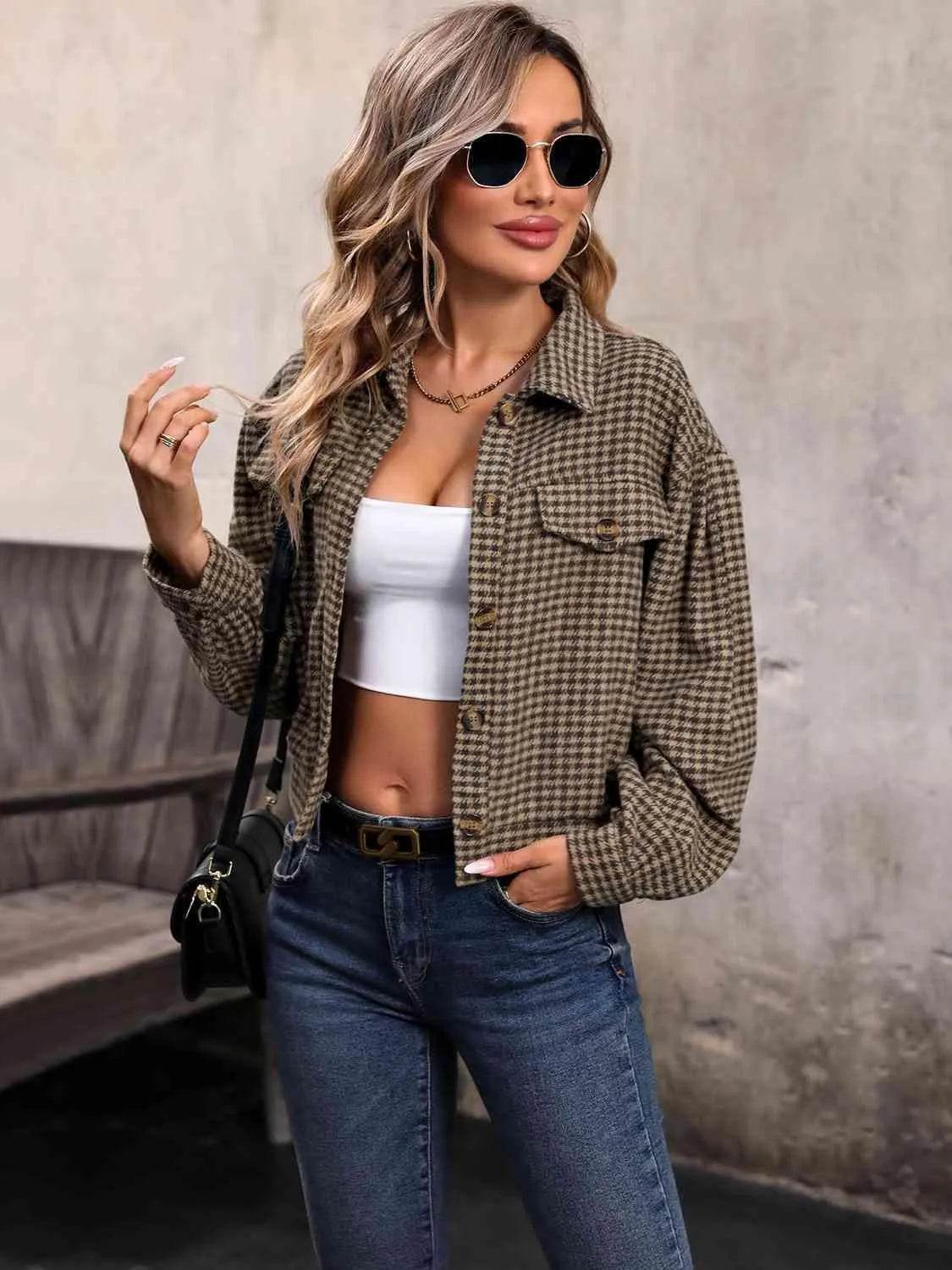 Houndstooth Collared Neck Button Up Jacket - Bona Fide Fashion