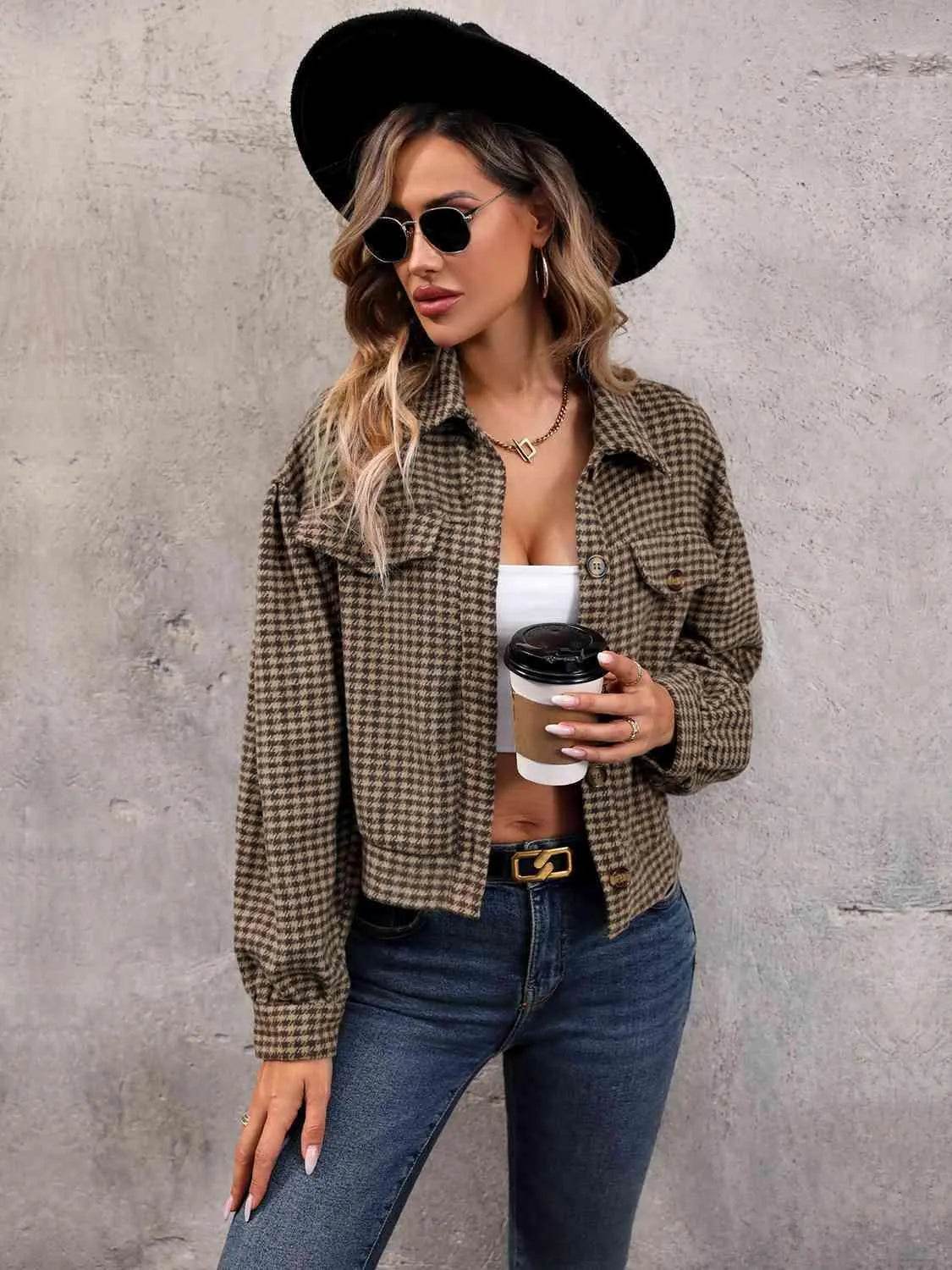 Houndstooth Collared Neck Button Up Jacket - Bona Fide Fashion