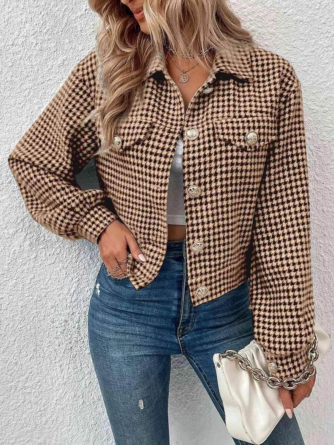 Houndstooth Collared Neck Button Up Jacket - Bona Fide Fashion
