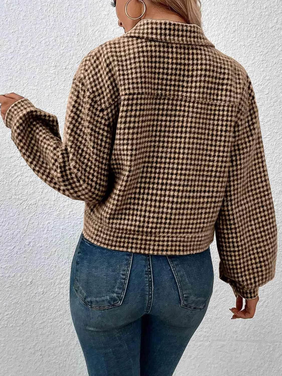 Houndstooth Collared Neck Button Up Jacket - Bona Fide Fashion