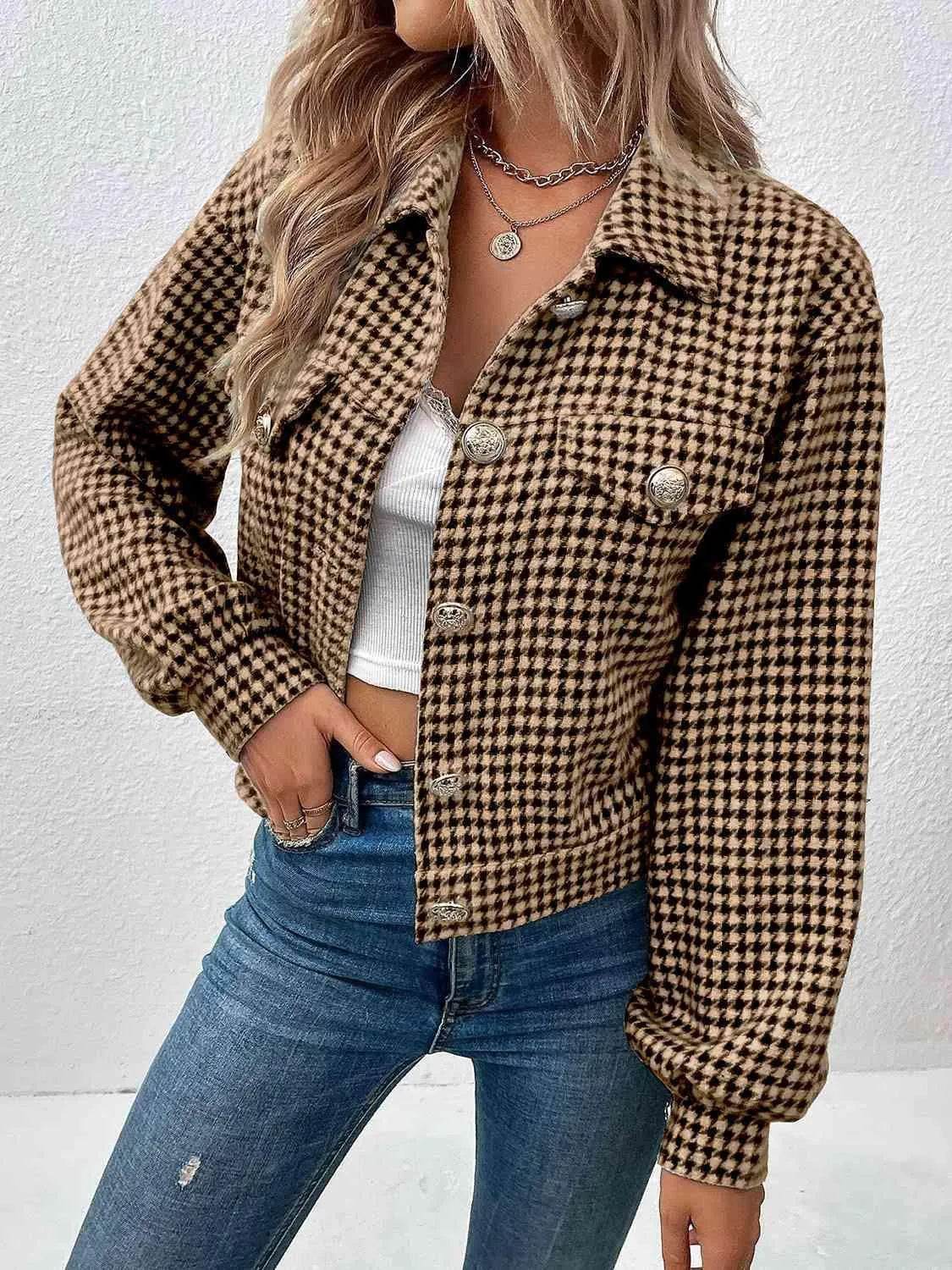 Houndstooth Collared Neck Button Up Jacket - Bona Fide Fashion