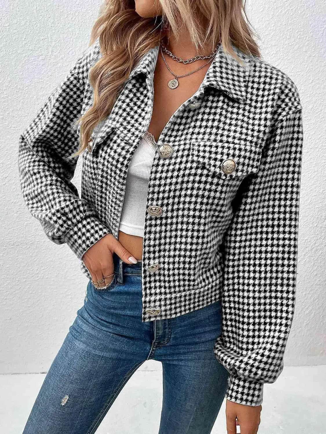 Houndstooth Collared Neck Button Up Jacket - Bona Fide Fashion