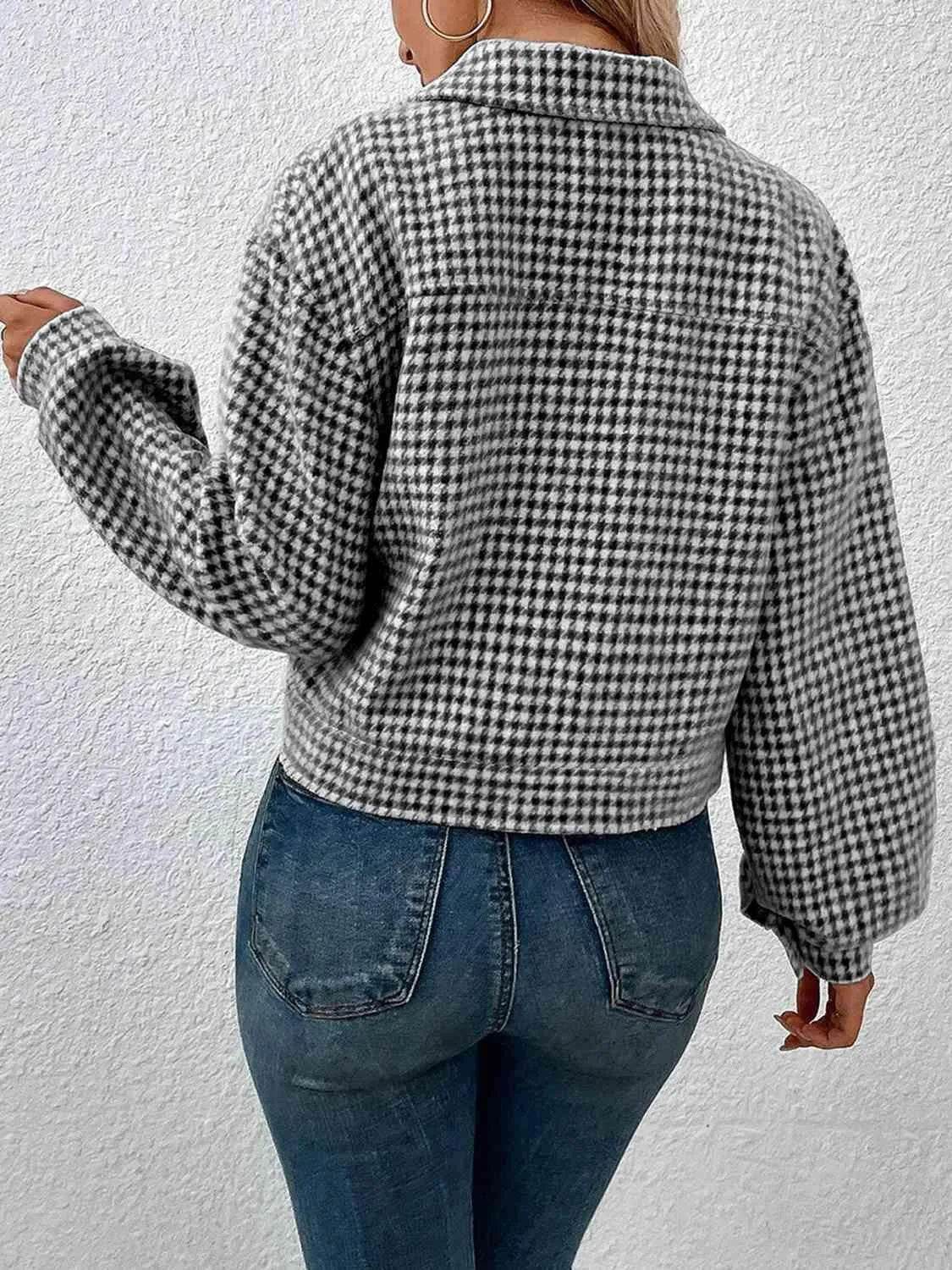 Houndstooth Collared Neck Button Up Jacket - Bona Fide Fashion