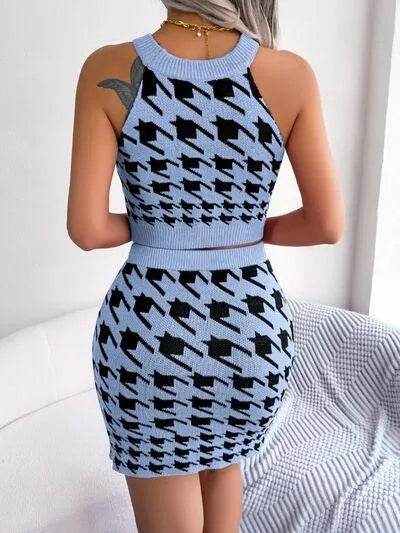 Houndstooth Sleeveless Top and Skirt Sweater Set - Bona Fide Fashion