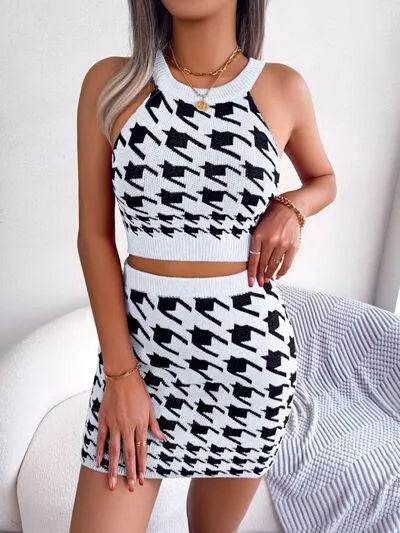 Houndstooth Sleeveless Top and Skirt Sweater Set - Bona Fide Fashion