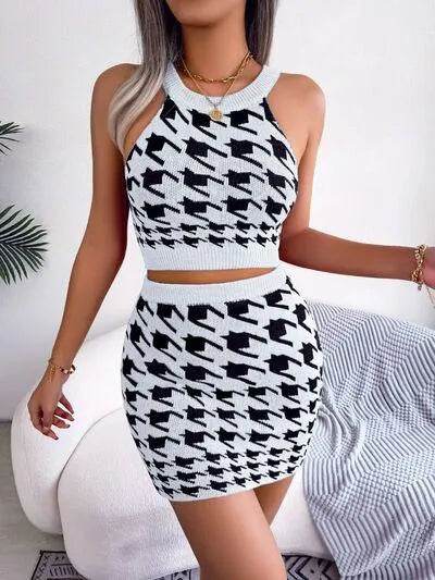 Houndstooth Sleeveless Top and Skirt Sweater Set - Bona Fide Fashion