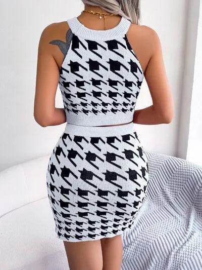 Houndstooth Sleeveless Top and Skirt Sweater Set - Bona Fide Fashion