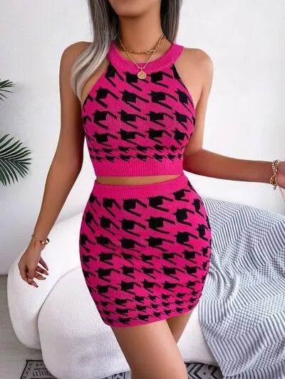 Houndstooth Sleeveless Top and Skirt Sweater Set - Bona Fide Fashion