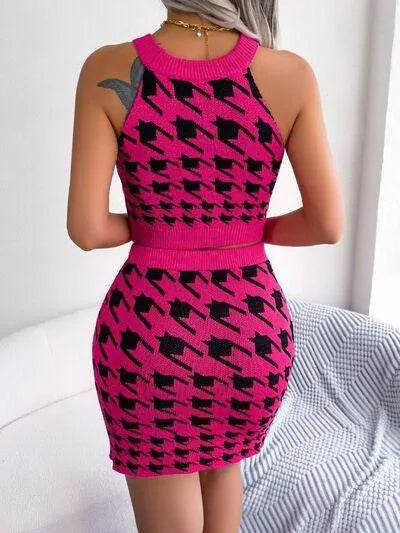Houndstooth Sleeveless Top and Skirt Sweater Set - Bona Fide Fashion