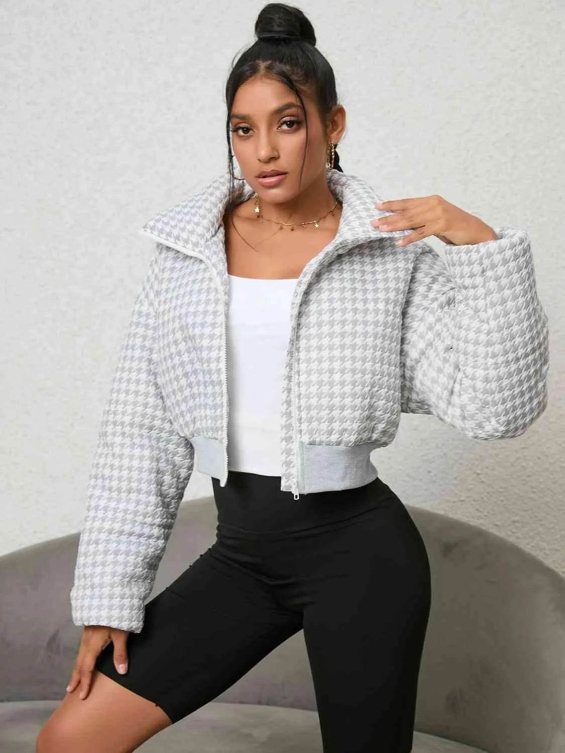 Houndstooth Zip-Up Jacket - Bona Fide Fashion
