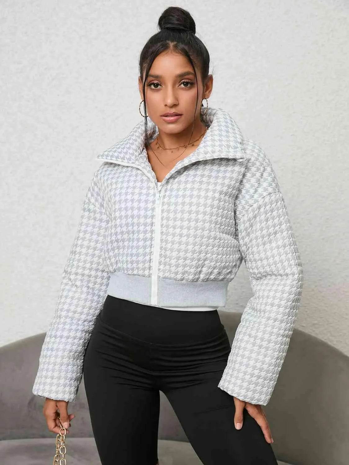 Houndstooth Zip-Up Jacket - Bona Fide Fashion