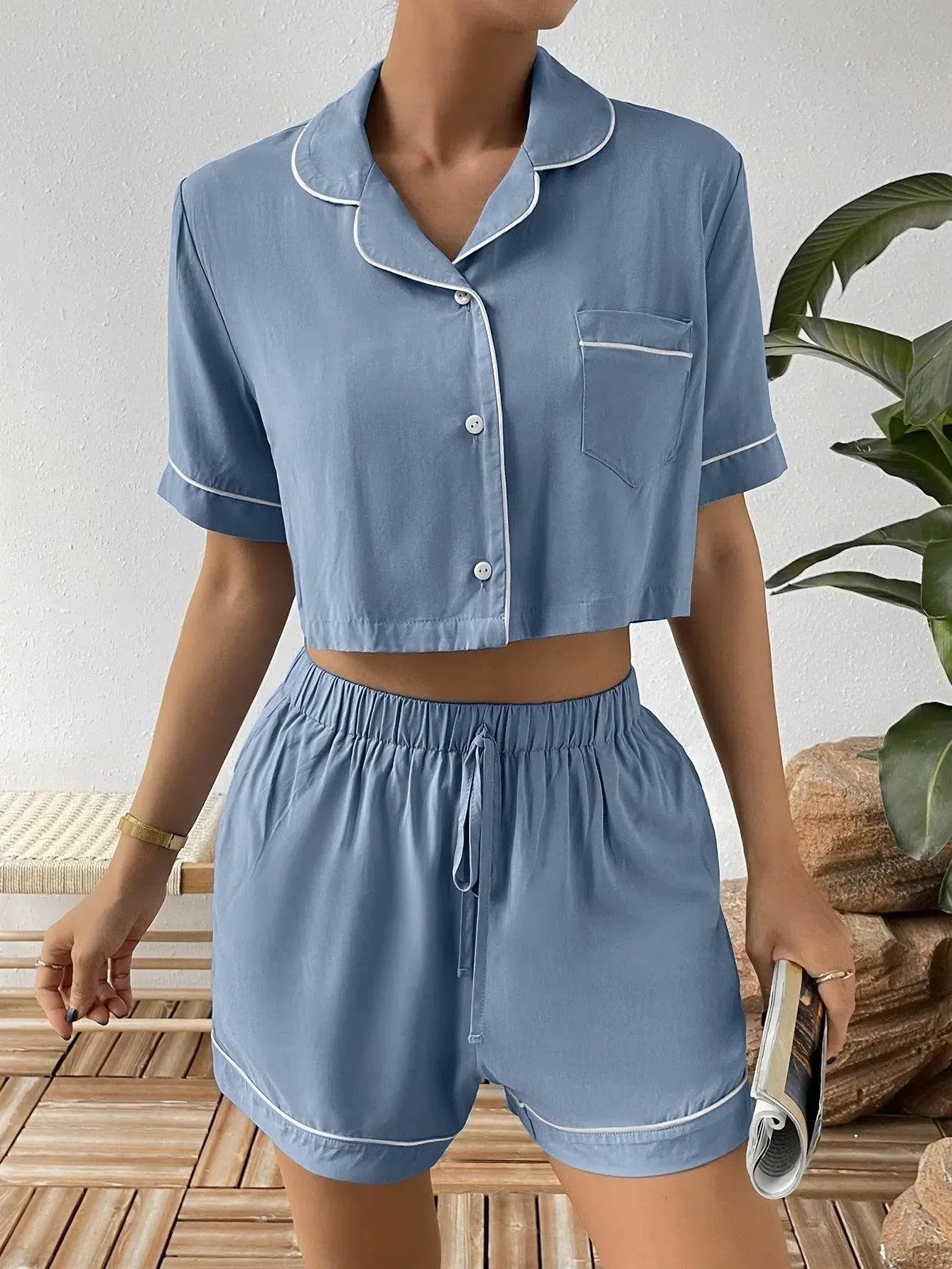 Ivy Lane Contrast Lapel Collar Cropped and Shorts Lounge Set - Bona Fide Fashion