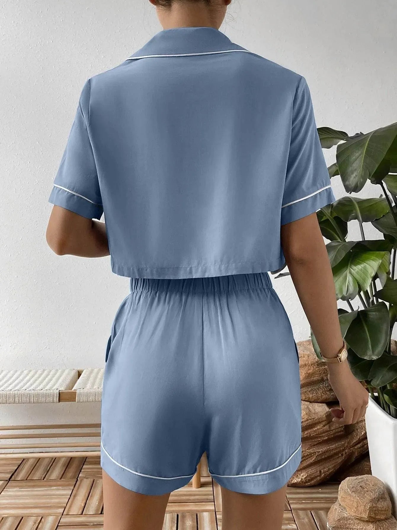 Ivy Lane Contrast Lapel Collar Cropped and Shorts Lounge Set - Bona Fide Fashion