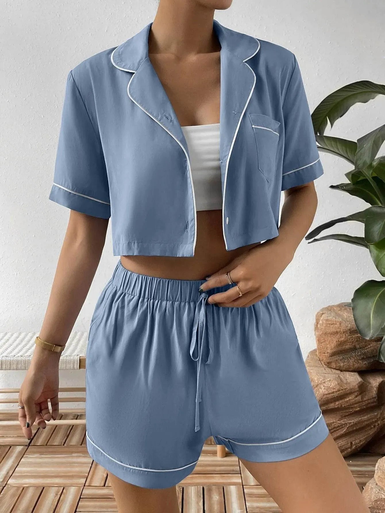 Ivy Lane Contrast Lapel Collar Cropped and Shorts Lounge Set - Bona Fide Fashion