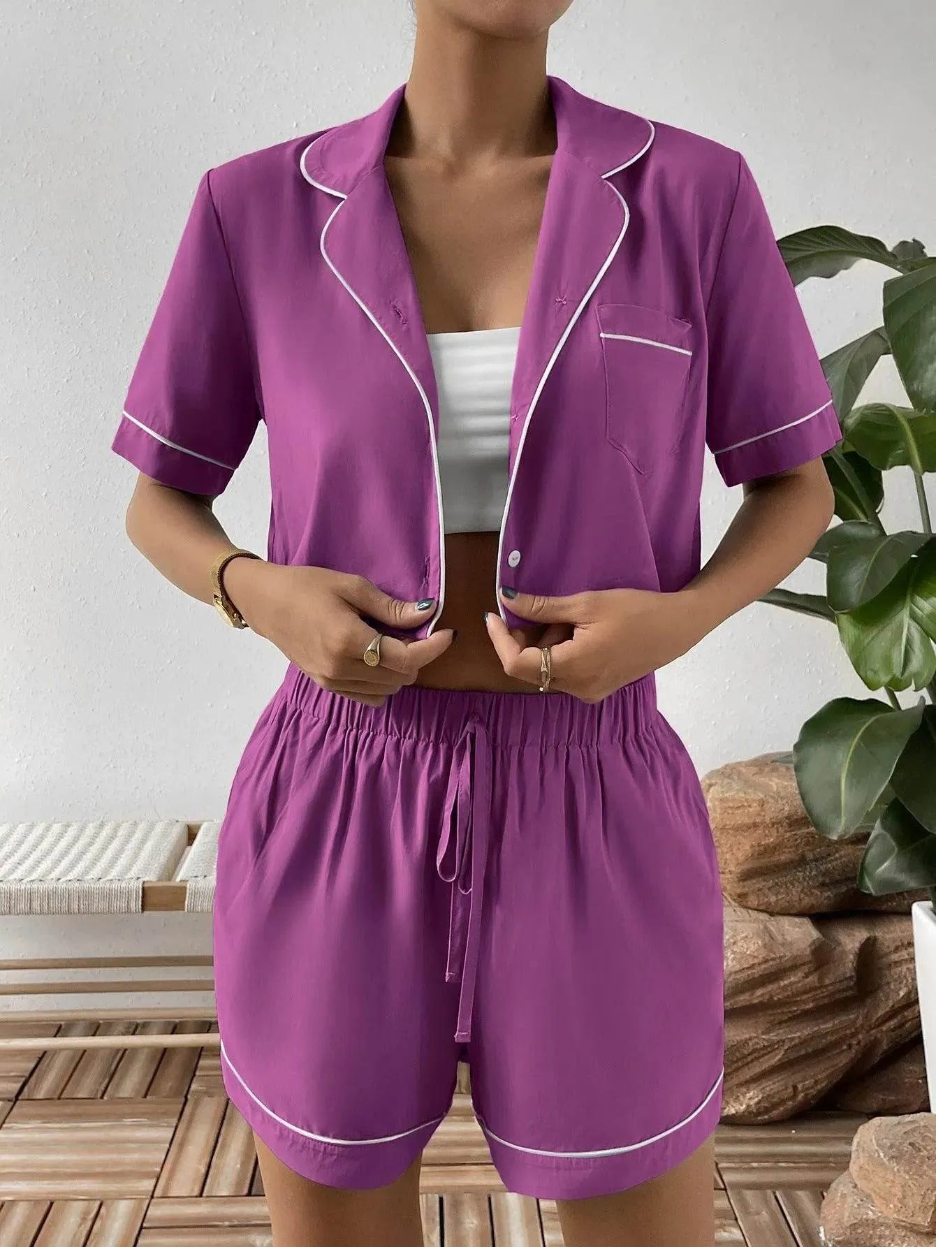 Ivy Lane Contrast Lapel Collar Cropped and Shorts Lounge Set - Bona Fide Fashion