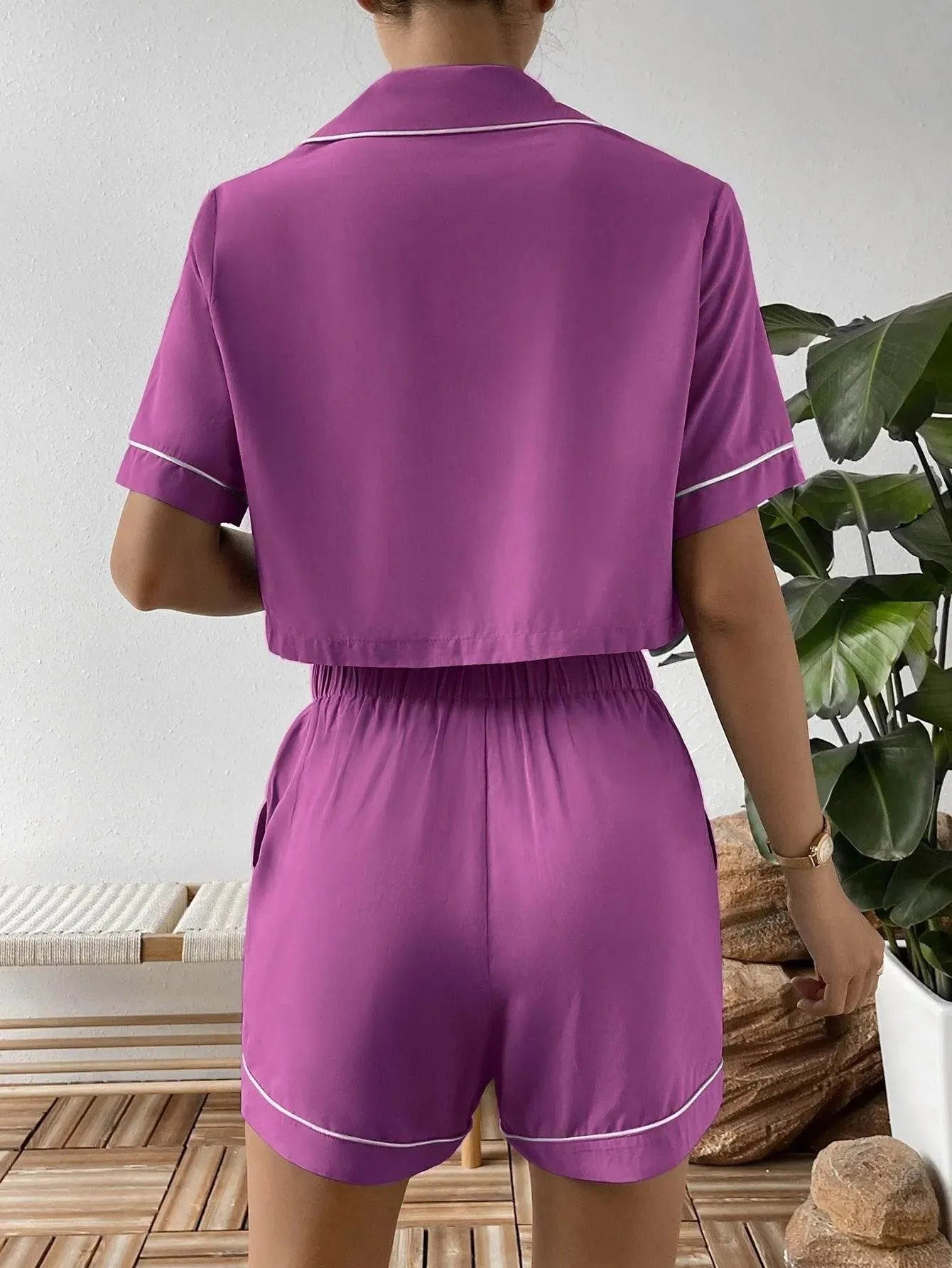 Ivy Lane Contrast Lapel Collar Cropped and Shorts Lounge Set - Bona Fide Fashion