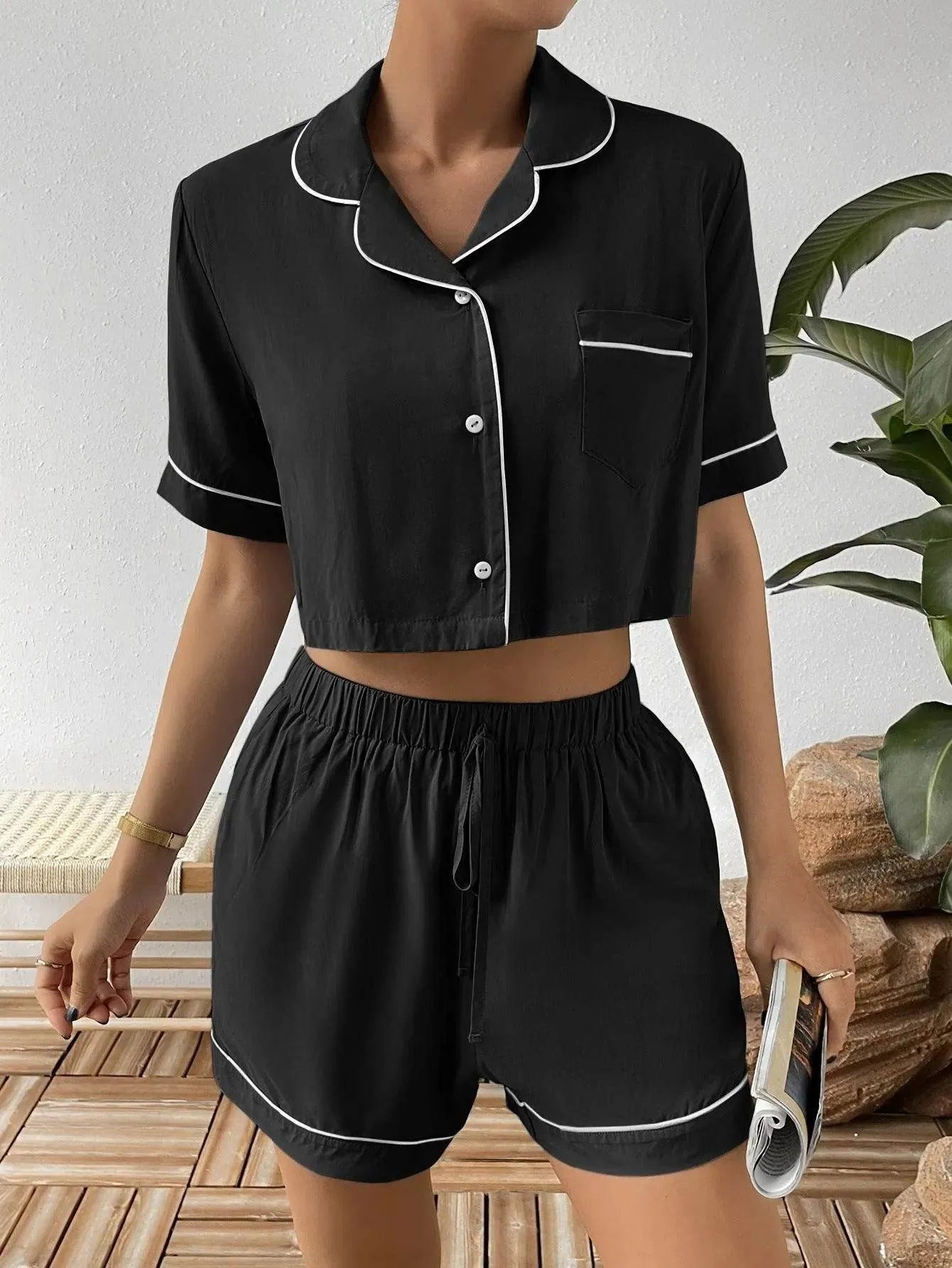 Ivy Lane Contrast Lapel Collar Cropped and Shorts Lounge Set - Bona Fide Fashion