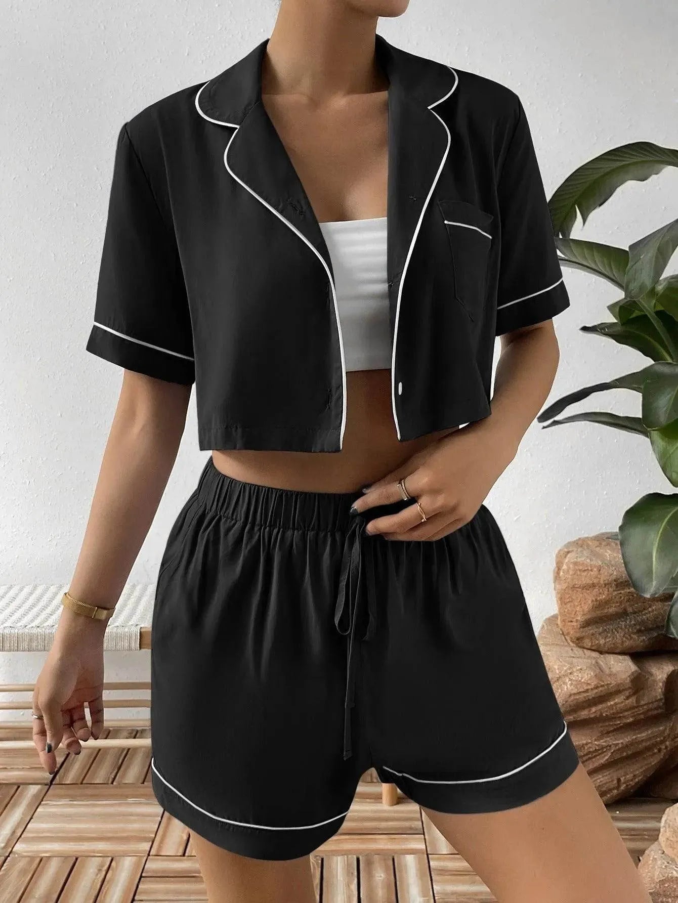Ivy Lane Contrast Lapel Collar Cropped and Shorts Lounge Set - Bona Fide Fashion