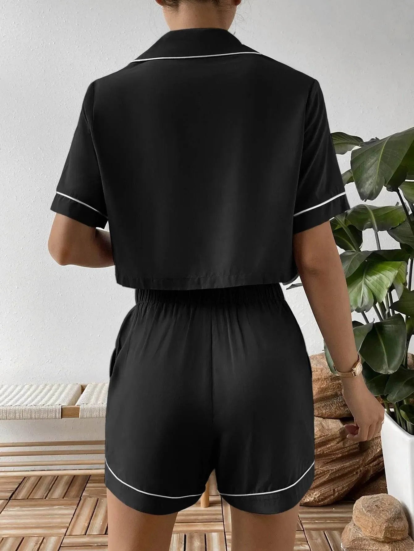 Ivy Lane Contrast Lapel Collar Cropped and Shorts Lounge Set - Bona Fide Fashion