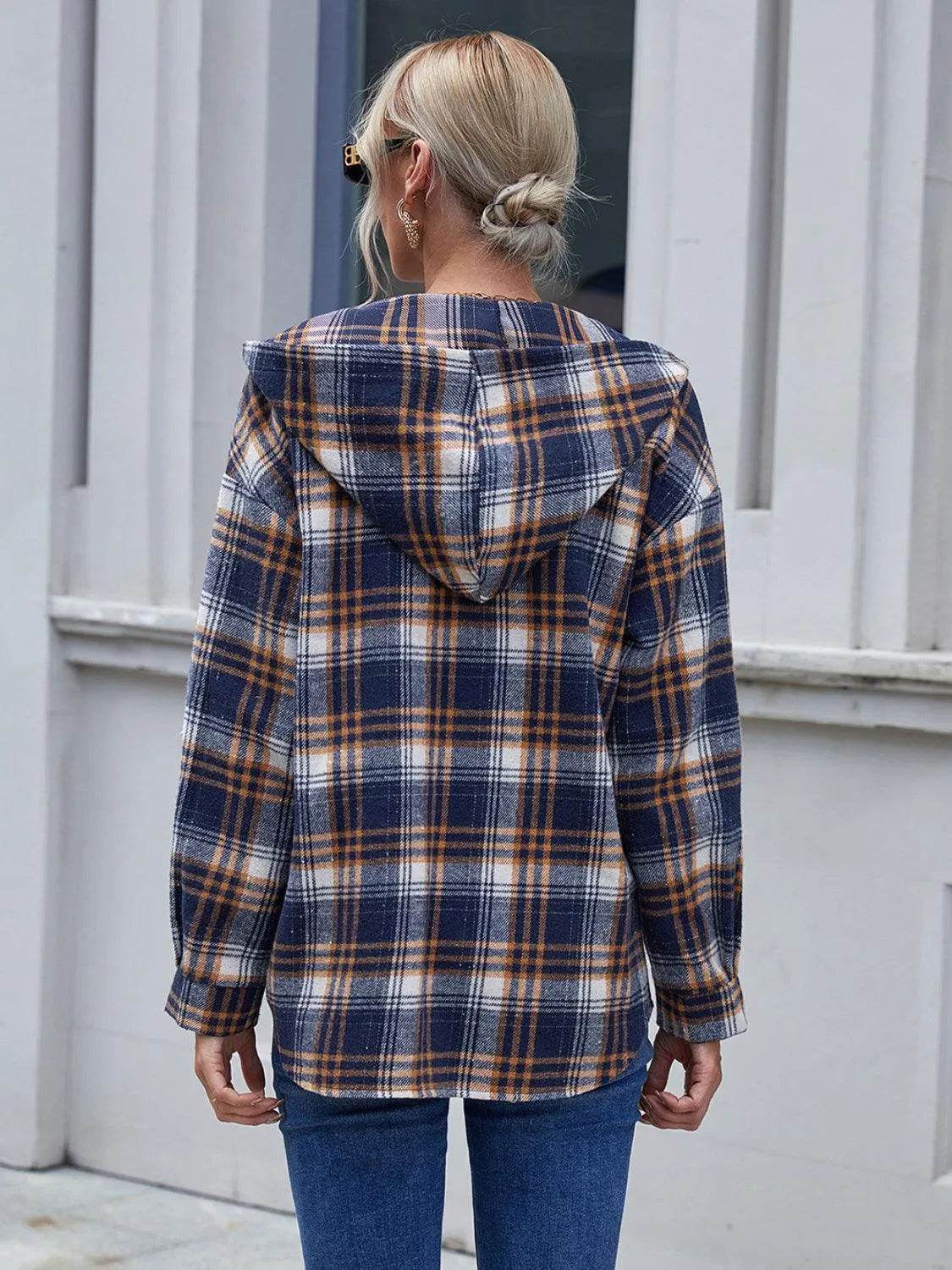 Ivy Lane Plaid Button Up Long Sleeve Hooded Jacket - Bona Fide Fashion