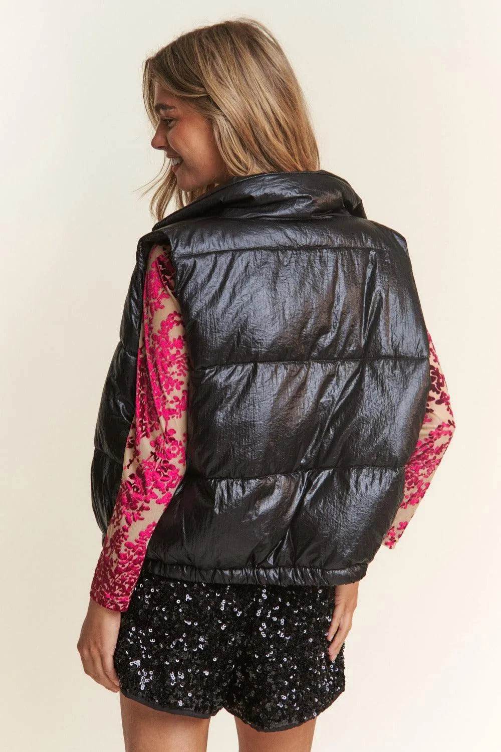 J.NNA Snap and Zipper Shiny Metallic Puffer Vest - Bona Fide Fashion