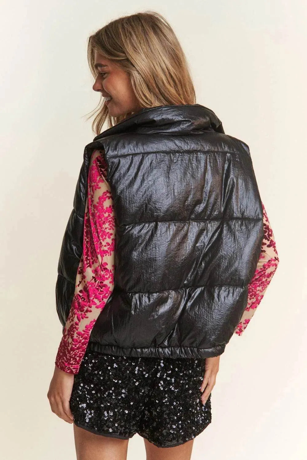 J.NNA Snap and Zipper Shiny Metallic Puffer Vest - Bona Fide Fashion
