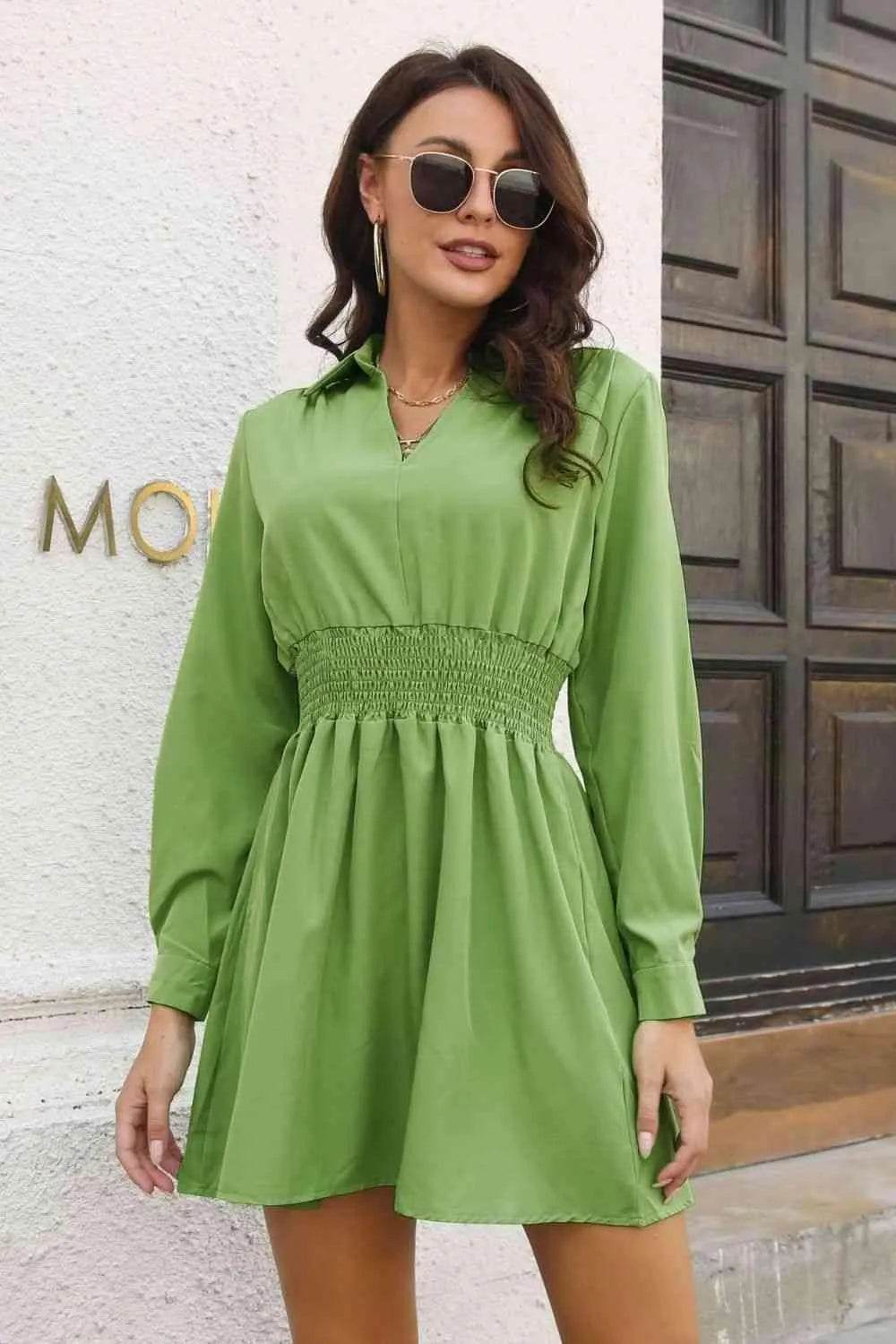 Johnny Collar Smocked Waist Long Sleeve Mini Dress - Bona Fide Fashion