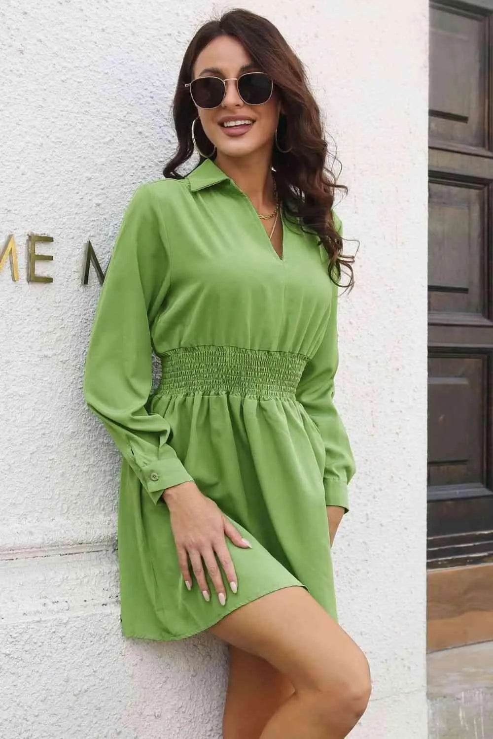 Johnny Collar Smocked Waist Long Sleeve Mini Dress - Bona Fide Fashion