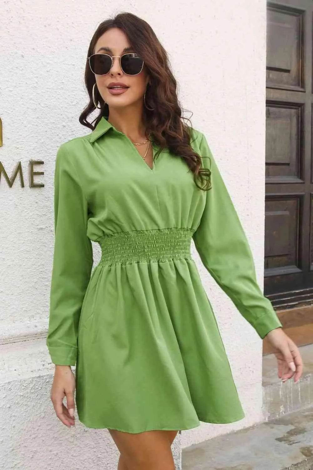 Johnny Collar Smocked Waist Long Sleeve Mini Dress - Bona Fide Fashion