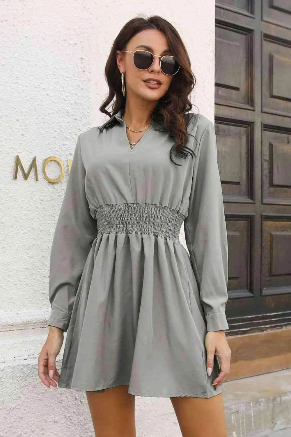 Johnny Collar Smocked Waist Long Sleeve Mini Dress - Bona Fide Fashion