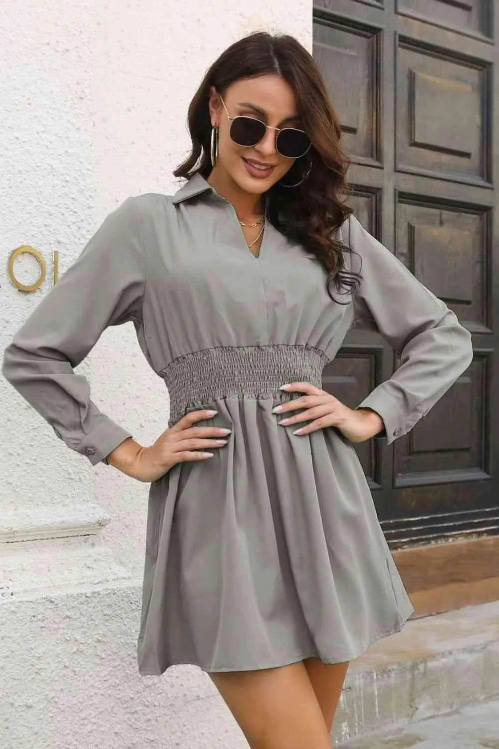 Johnny Collar Smocked Waist Long Sleeve Mini Dress - Bona Fide Fashion