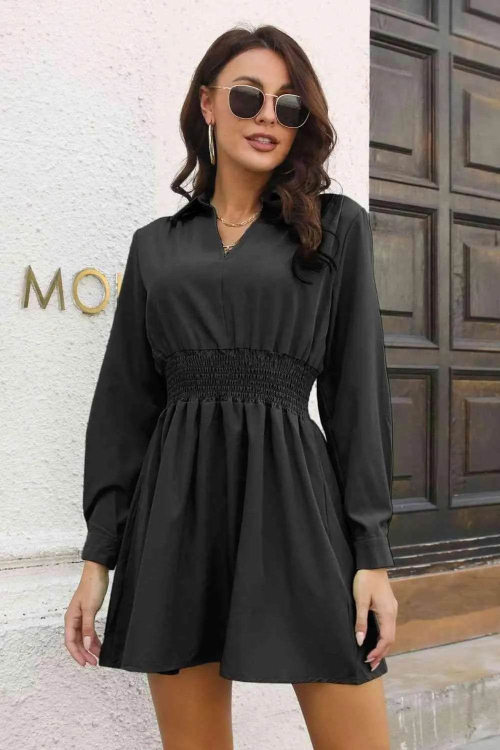 Johnny Collar Smocked Waist Long Sleeve Mini Dress - Bona Fide Fashion