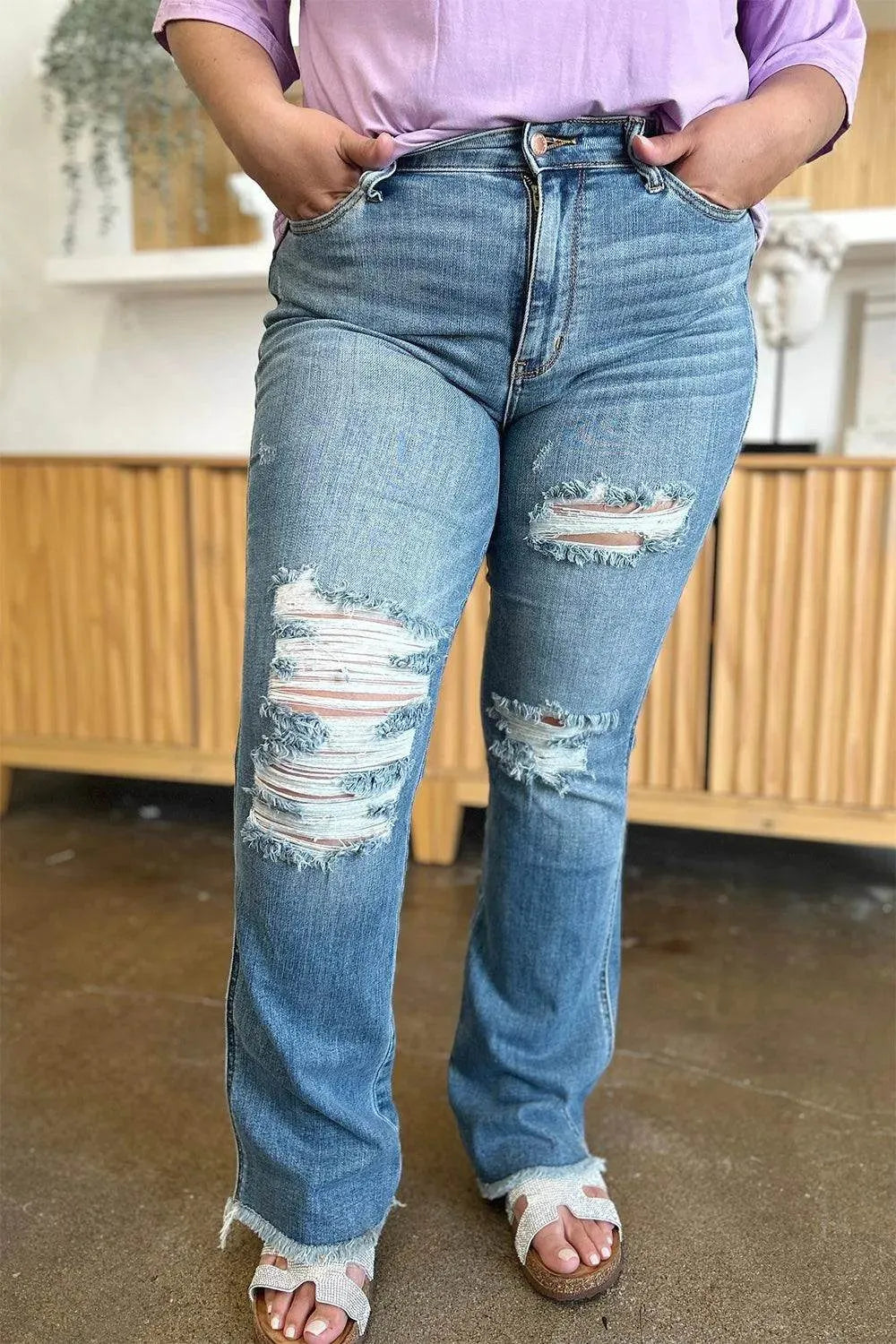 Judy Blue Full Size Distressed Raw Hem Bootcut Jeans - Bona Fide Fashion