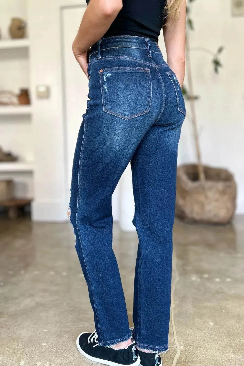 Judy Blue Full Size High Waist Rigid Magic Heavy Destroy Straight Jeans - Bona Fide Fashion