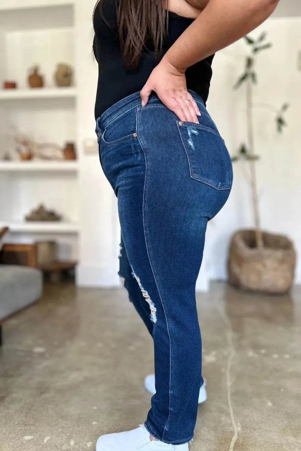 Judy Blue Full Size High Waist Rigid Magic Heavy Destroy Straight Jeans - Bona Fide Fashion