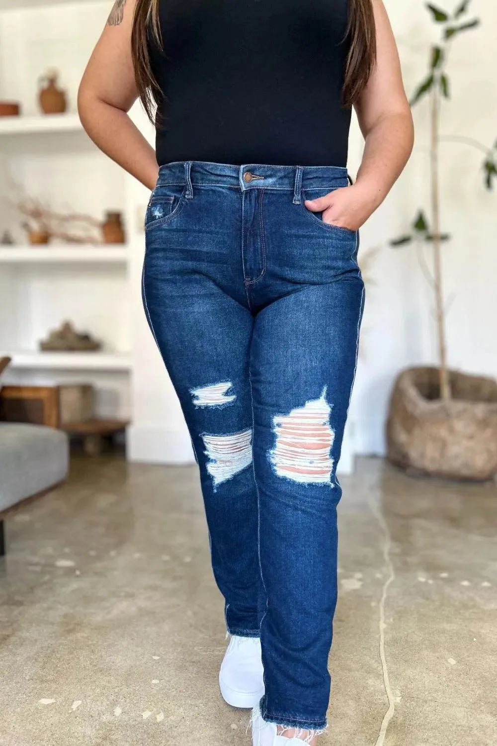 Judy Blue Full Size High Waist Rigid Magic Heavy Destroy Straight Jeans - Bona Fide Fashion