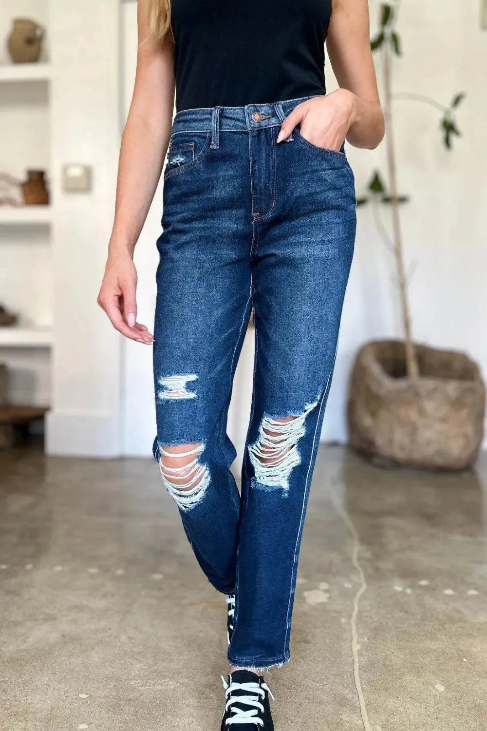 Judy Blue Full Size High Waist Rigid Magic Heavy Destroy Straight Jeans - Bona Fide Fashion