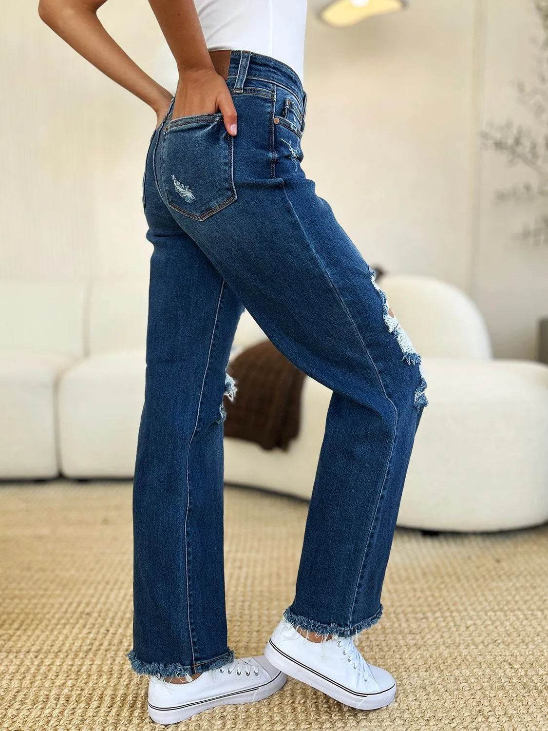 Judy Blue Full Size Mid Rise Distressed Raw Hem Jeans - Bona Fide Fashion