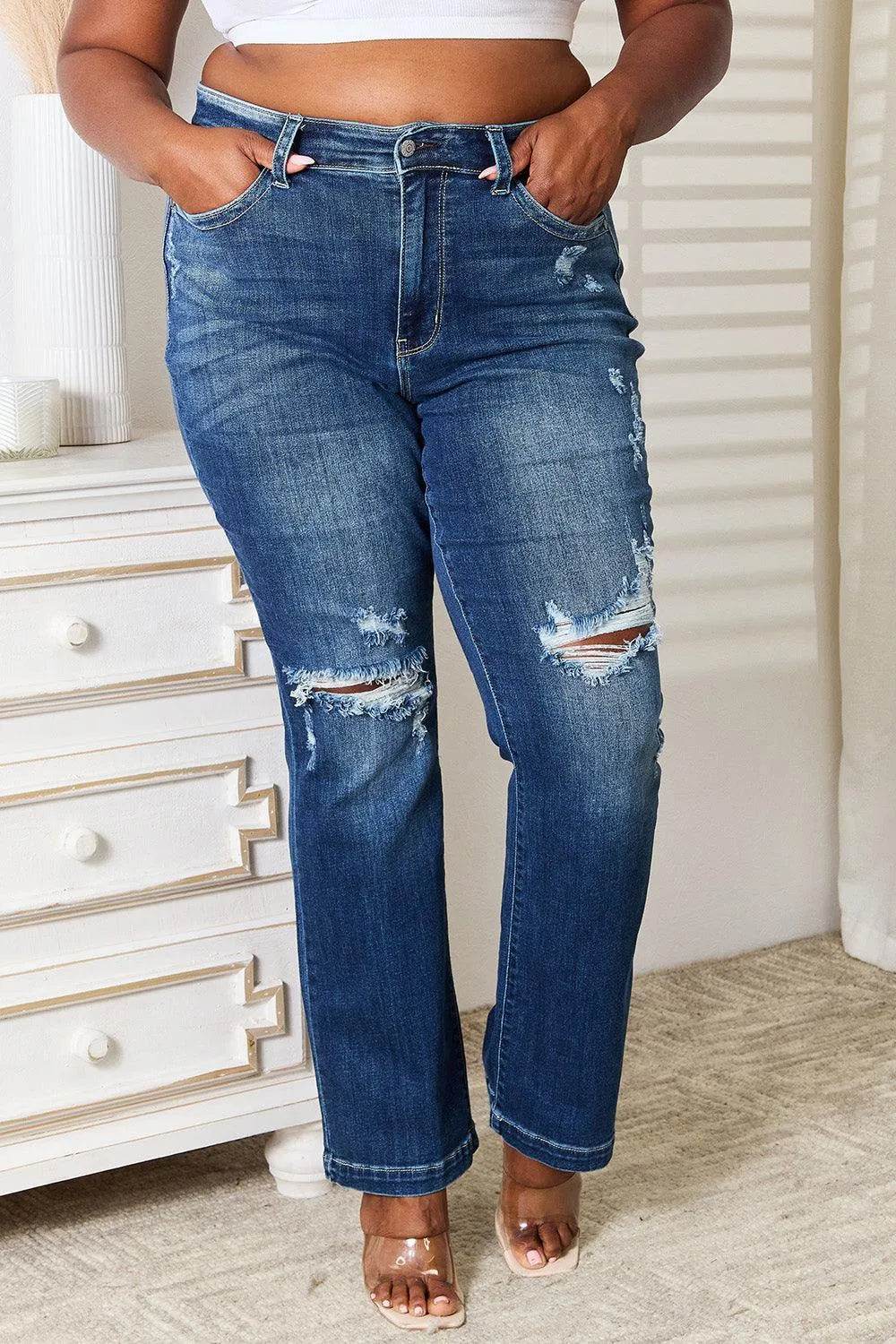 Judy Blue Full Size Mid Rise Hand Sand & Destroy Bootcut Jeans - Bona Fide Fashion