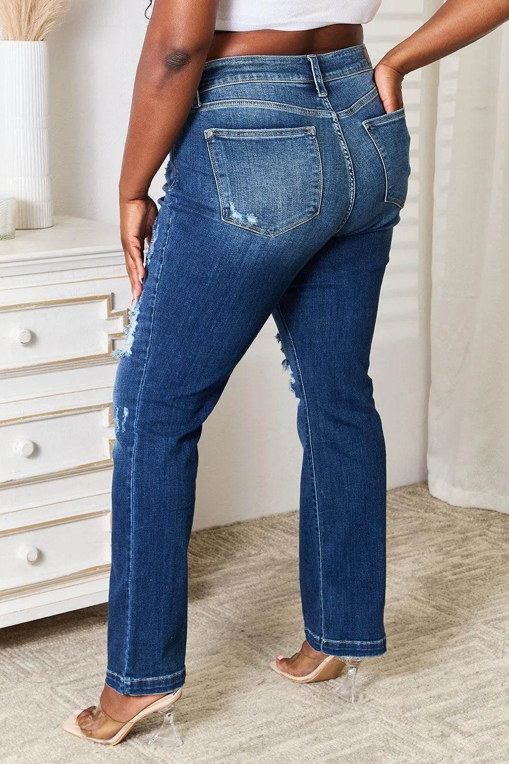 Judy Blue Full Size Mid Rise Hand Sand & Destroy Bootcut Jeans - Bona Fide Fashion